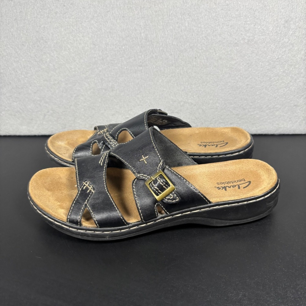 Clarks Leisa Spring Black Leather Slide Sandals Womens Size 9 M Comfort Bendable